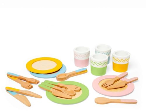 Bigjigs Toys – Dinner Service-Set – 20 spelbitar av trä middagsset, barnleksaksköksak, matrollspel, hållbara presenter och lekuppsättningar för barn, 18 månader gammal +