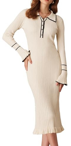 GRACE KARIN Damen Slim Fit Maxi Pulloverkleid Langarm Kontrastfarbe Polo-Kleid Elgant V-Ausschnitt Festliche Freizeitkleider Aprikose XL