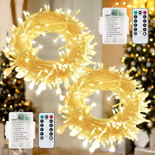 [2 Stück] 60 LED Lichterkette Weihnachten Batterie, 7M/8 Modi Lichter Außen / Innen, IP65 wasserdicht mit Timer Fernbedienung für Weihnachten, Hochzeit,Balkon,Garten, Party Dekoration (warmweiß)