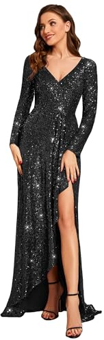 Ever-Pretty Women's Sexy Winter Sequin Dress Long Sleeves A-Line High Low Maxi Evening Dresses Black 10UK