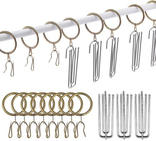 120 Pcs 1.5 Inch - 38mm Antique Brass Metal Drapery Curtain Rings Curtain Hanging Rings and Stainless Steel 4 Prongs Pinch Pleat Hook with Drapery Curtain Pin-on Hooks Pins for Bathroom, Living