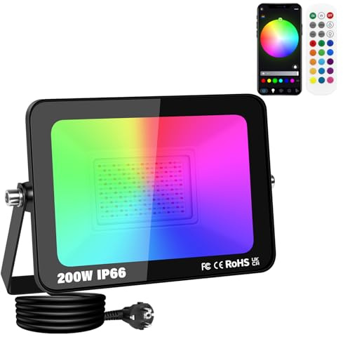 SKYWORLD 200W Foco LED RGB Exterior, Proyector LED Multicolor Impermeable, Control de APP, Luz de Inundación RGB Foco de Colores Smart LED Floodlights para Jardín Parque Hotel Terraza