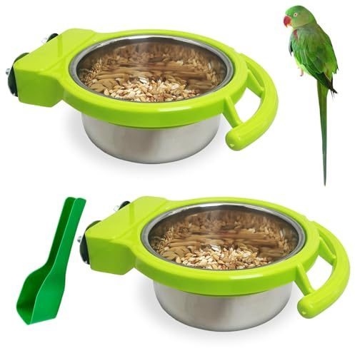 BNOSDM 2 PCS Stainless Steel Bird Bowls Bird Feeding Dish Water Cups Perch Stand Hanging Parakeet Food Container Food and Water Bowls with Spoon for Budgie Cockatoo Finch Lovebirds (Green)
