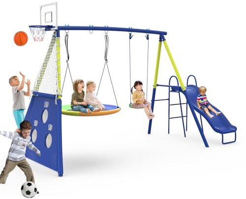 Redkid Set altalena da giardino con scivolo, portata 440 lbs, 5 in 1 per esterni, con piattino, altalena, sedile altalena, cancelli da calcio e cestino da basket, set da gioco per bambini