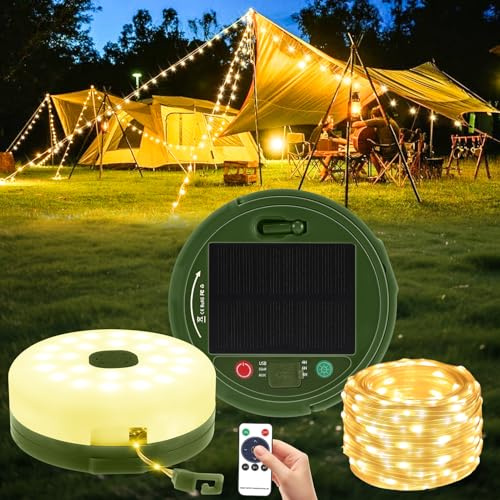 Sprifityy 10M Guirlande Lumineuse Escamotable, Solaire et Chargement USB LED Guirlande Camping avec 8 Modes D'éclairage, Télécommande, Étanche Extérieur Lampe Camping pour Tente, Jardin, Fête Trekking
