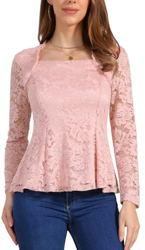 Allegra K Mujer Top Peplum Blusa de Encaje Manga Larga Escote Cuadrado