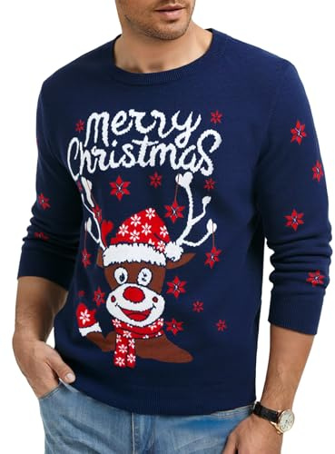 Wayleb Maglione Girocollo Natale Uomo Invernale, Merry Christmas con Renna Natalizio Maglioni Manica Lunga Maglia Maglione Sweater Natale Maglioni, Blu Navy M