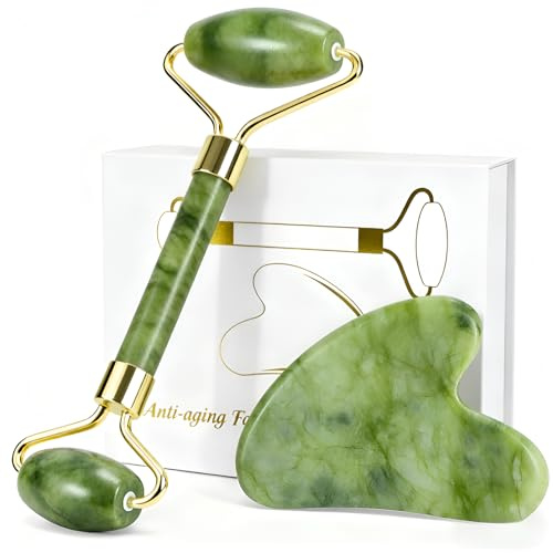 MASSOVIBE Jade Roller & Gua Sha Set - Natural Jade Face Roller Massage Skincare Tools for Women,Muscle Relief, Improve Eye Puffiness Skin Glow (Green)