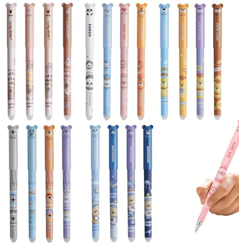 deegbbyi 20 st raderbara gelpennor, 0,5 mm spets raderbara pennor | Skriv termokänsligt bläck, kawaii djurmotiv, för skola, skola och hem kontor (blå)
