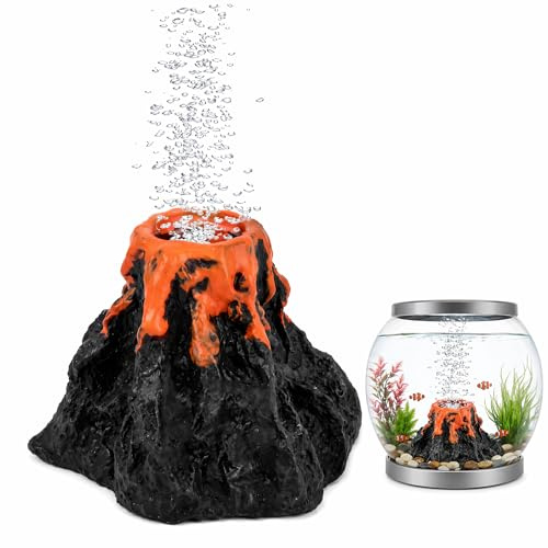 Kemay Aquarium Volcano Ornament Kit with Air Stone Bubbler - Realistic Resin Volcanic Fish Tank Decorations, Small and Medium Aquarium Accessories for Oxygenation and Landscape Decor