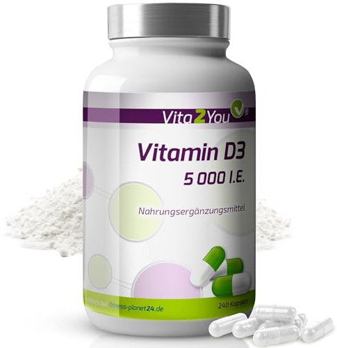 Vita2You Vitamin D3-5000 IE - 240 Kapseln - Hochdosiert - 5 Tagesdosis - 1000 I.E. pro Tag - Premium Qualität - Made in Germany