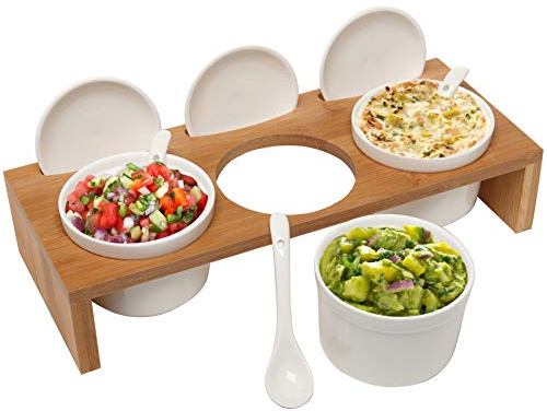 MyGift 10 Pcs Sauce Serving Dish, Hosting Party Essentials Host Gift, 3 Ceramic Ramekin Chip Dip Bowls with Lids & Spoons, Premium Bamboo Server Tray, Condiment Pot Entertaining