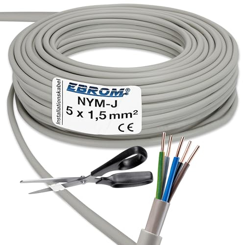 EBROM NYM-J 5 x 1,5 mm² – Cable de instalación – Cable de instalación – Cable para ambientes húmedos – Gris – Selección en pasos de 5 metros, corte exacto al metro – Su selección: NYM-J 5 x 1,5 mm2,