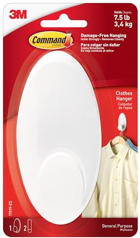 Command 17019-ES Clothes Hanger Hook, Pack of 1 Hook and 2 Adhesive Strips, White - Damage Free Hanging - Holds up to 3.4 kg