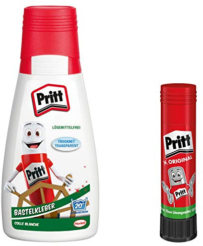 Pritt Pegamento para manualidades, pegamento multiuso de secado transparente para el hogar, la escuela o la oficina, set con 1 frasco à 100 g y 1 Pritt Stick Kebestift 11 g