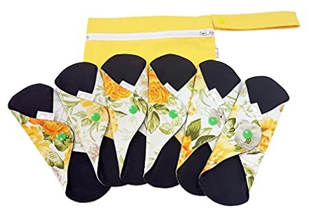 Lilind Lot de 6 serviettes hygiéniques en tissu organique 30 cm - Noires - Résistantes et réutilisables - 100 % coton - Fleurs jaunes