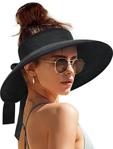 Camptrace Sun Visors for Women Wide Brim Beach Hat Foldable Straw Visor Hat Ponytail Summer Packable UPF 50+ Black