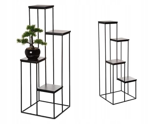 HowHomely Växtpall metallpall växter 110 cm fyra nivåer med nät – blompall metall vackra ornament – blompelare växtpall hög – växtpall (svart MDF)