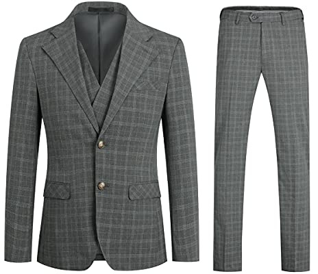 Allthemen Costume Homme 3 pièces Mariage à Carreaux Blazer Casual Slim Fit Ajusté Veste pour d'affaires #630 Gris XL