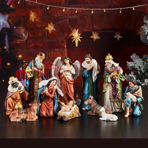TOETOL Nativity Sets for Christmas Indoor Set of 13 Pieces 9.8 Inch Tall Nativity Scene Tabletop Resin Decorations Home Holiday Decor Religious Collectibles Gifts