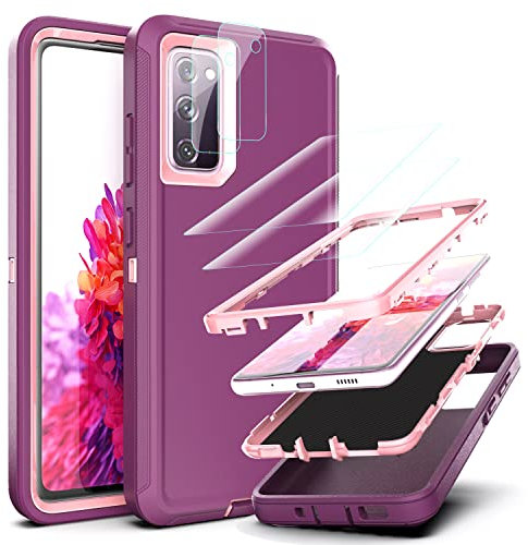 YmhxcY Galaxy S20 FE Case with 2 Pack Explosion-Proof Screen Protector and Camera Lens Screen Protective Film[2 Pack], Heavy Protection Cover For Samsung Galaxy S20 FE-Wine Red/Rose Pink