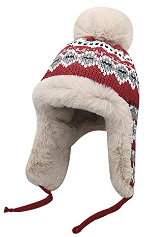 FakeFace Women Winter Knitted Bobble Hat with Ear Flaps Warm Hooded Beanie Cap Thermal Knitted Earcuff Hat Pom Beanie Ushanka Trapper Hat Windproof Snow Skiing Cycling Hat Red