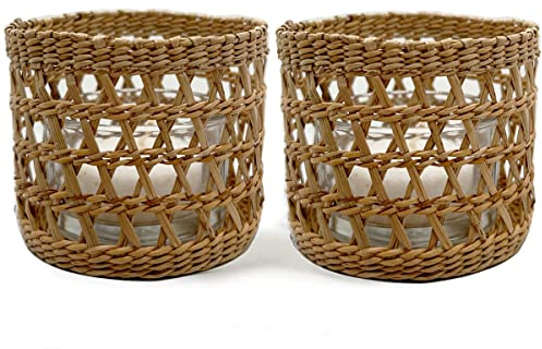 Natural Rattan Woven Tea Light Candle Holder, Decorative Rustic Vintage Seagrass Votive Candle Holders for Dining Table Kitchen Decor Serving Tray, Pack 2