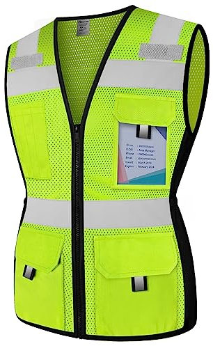 Graunton Women High Visibility Vest 11 Pockets Snug-Fit Reflective Safety Vest with Reinforced Zipper, Neon Construction Work Vest for Lady Contractors/Surveyors/Workers, Durable,Meets ANSI, Yellow L