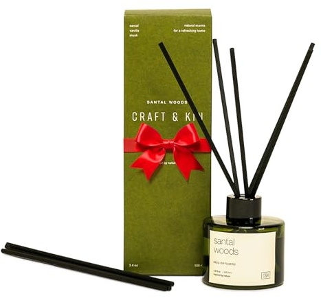 Craft & Kin Santal Woods Christmas Reed Diffuser | All Natural Essential Oil & Rattan Scent Sticks | Holiday Reed Diffusers for Home, Bathroom | Long Lasting Home Fragrance in Green Glass, 3.4oz