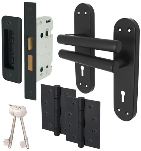 EAI Black Door Handle Key Lock Set | 1 Pair of Matt Black Internal Lever T-Bar Handles on Backplate with Hinges (76mm), Sash Lock (64mm) & Keys | Oliena Range