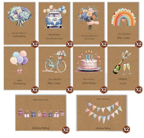 Geburtstagskarten 20er-Set mit Umschlag - Glückwunsch Klappkarten - Geschenkkarte Geburtstag - Glückwunschkarte für Männer und Frauen