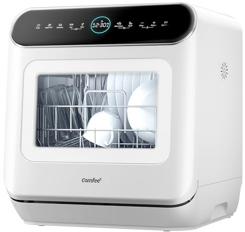COMFEE' Table Top Dishwasher 7+3 Programs Mini Tabletop Dishwasher No Plumbing, 6L Built-in Water Tank, Hygiene Wash, Auto Door Open Drying, Energy Class D- White