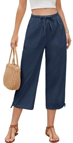 PASUDA Pantaloni Donna Estivi Casual Cotone e Lino 7/8 Pantalone Leggeri con Coulisse Pants Elastico Pantaloni Colore Solido Gamba Dritta Pantalonicon con Tasche