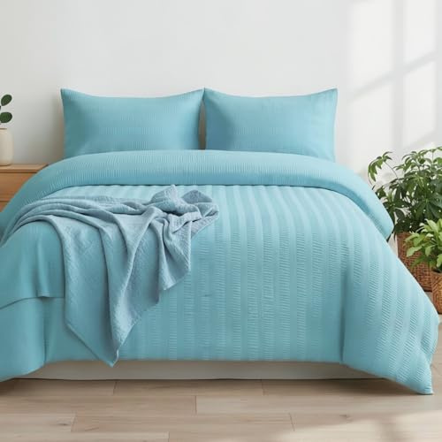 Q&H Bedding Double Seersucker Duvet Cover Set - Duck Egg Quilt Cover Brushed Microfiber with Pillowcase - Multiple Sizes Complete Bedding Set - Soft & Breathable, Easy Care & Machine Washable