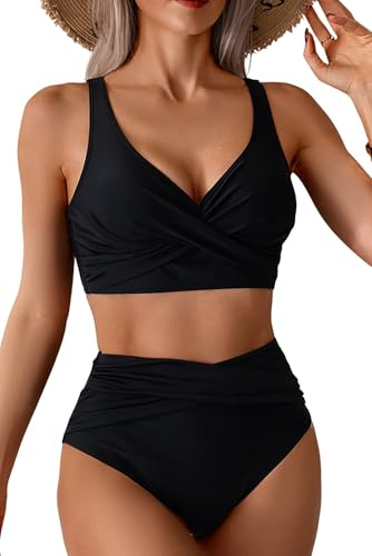 VILOREE Tvådelat bikiniset för kvinnor, hög midja, omlottning, V-ringad, magkontroll, Svart (133), XL