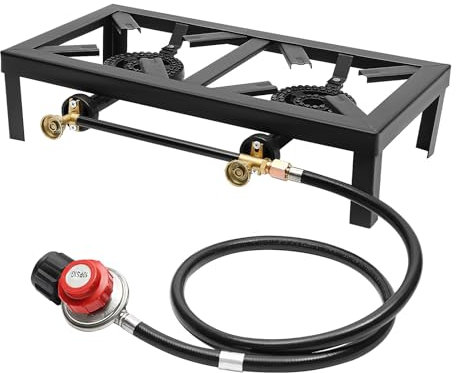 Camping Gas Cooker Stove 2 Burner, Portable Barbecue BBQ Grill Cooker for Outdoor, Restaurant, Patio Camp BBQ, Double Burner Camping with Regulator Hose