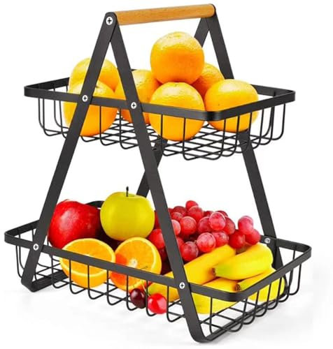 Verve Jelly Frutero de metal de 2 niveles con soporte para frutero desmontable cesta rectangular de alambre para verduras pan y aperitivos organizador de cocina