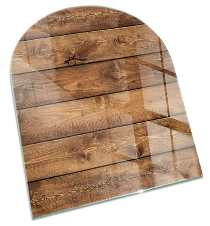 Eldstadsplatta glas med tryck | dekorativ kamin golvskydd | härdat värmetåligt glas | gnistskydd braskamin | modern design hem - 80x70cm - avkortad oval - Träskiva med ådring