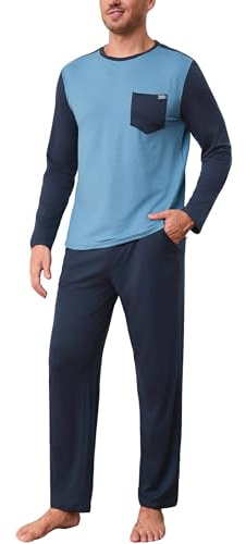 Terecey Pyjama Homme Long Vêtements de Nuit Pyjama à Manches Longues Vêtements de Détente Deux Pièces Col Rond avec Poches Haut et Pantalon pour Hiver