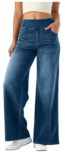 Jeans for Women UK Baggy Elastic Waistband Pull On Wide Leg High Waist Stretchy Jeans Casual Slimming Trendy Tummy Control Straight Leg Denim Pants with 4 Pockets XS-XL