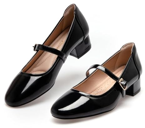 Hingswink Mary Jane Shoes - Décolleté con tacco basso, 5,1 cm, con cinturino alla caviglia regolabile, Nero brillante, 40.5 EU