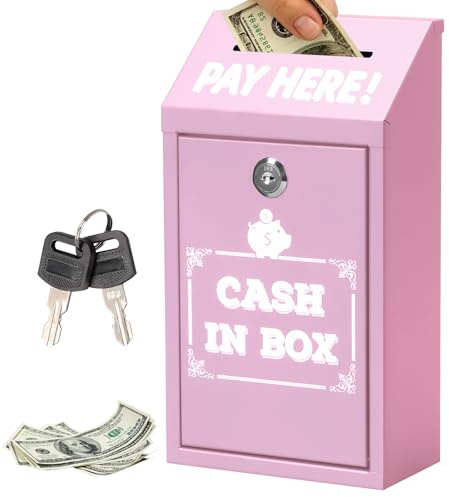 Yallmie Metal Comment Box with Lock Charity Box, Wall Mounted Cash Box for Outside Black Donation Ballot Box for Home Office Outdoor Business (Pink)