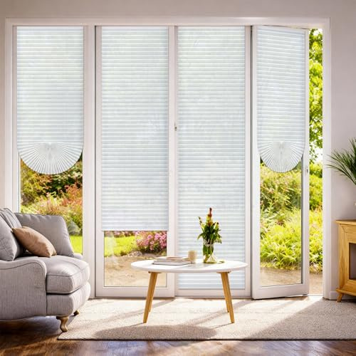 4 Pcs 24 x 110 Inches Temporary Blinds for Indoor Windows Blackout No Tools Cut to Size Fabric Paper Pleated Shades Adhesive Privacy Blinds for French Door Sliding Door Light Filtering(White)