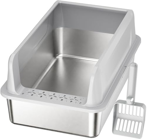 Lifewit Arenero Gato Acero Inoxidable con Pala, Caja de Arena para Gatos Grande, Arenero Gatos para Salón, Dormitorio, 58 x 38 x 26 cm, Gris