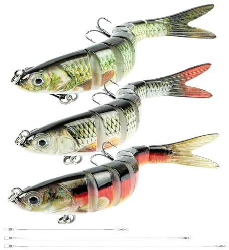Vicloon Esca Artificiali Multi Segmento, 3 Pezzi 13.5cm Esche da Pesca, Esca Wobbler a Più Snodi con 15cm/23cm/30cm Fili d'Acciaio, con 3 Ami Ancorati, 27g Esche a Nuoto Lento per Luccio, Spigola