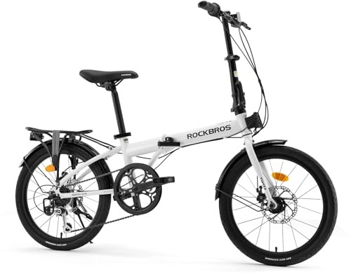 ROCKBROS SKN Bicicleta Plegable 20”, Transmisión Tourney de 7 Velocidades y Frenos de Disco Mecánicos, Portaequipajes y Guardabarros, Bicicleta de Ciudad para Commuter de 140–185 cm, Blanco