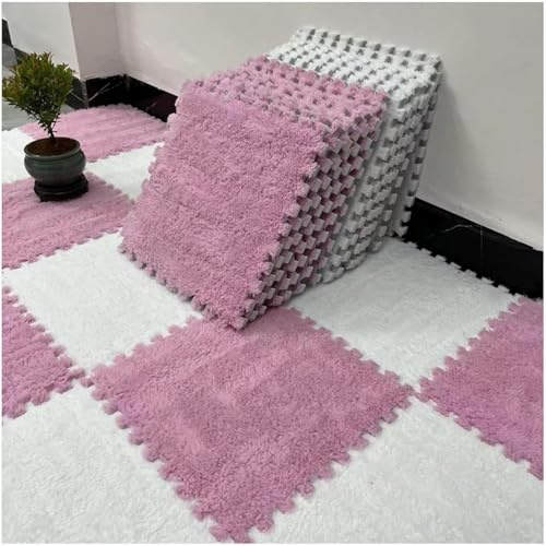 HynJGih Alfombra Cuadrada De Felpa, 10 Baldosas Cuadradas De Espuma Entrelazadas, Suave Y Antideslizante, Alfombra De Retales for Habitación, Decoración De Habitaciones(Pink+White)