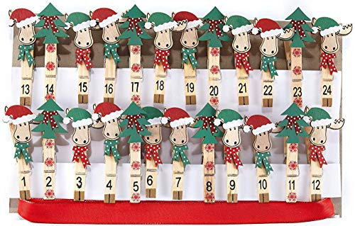 HEITMANN DECO Holz-Klammern Adventskalender mit Band zum Aufhängen - Selber Basteln - Rentier, Weihnachtsbaum Klammern