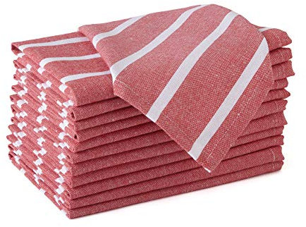 Encasa XO Cotton Cloth Napkins Set of 12, 43x43 cm | Washable & Reusable Dinner Napkins White & Roma Red Stripes Table Napkins For Dining Table Fall Decoration, Holiday & Christmas Festivals