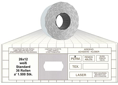 Preisauszeichner Etiketten 26x12 Standard weiß 36 Rollen permanent Preisetiketten 1-Zeilig für Smart, Tovel, Meto, Contact, Sato, Samark, Printex